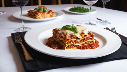 Italian lasagna with wine in fine dining setting