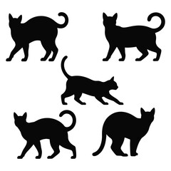 Collection of Five Black Cat Silhouettes in Various Poses on White Background