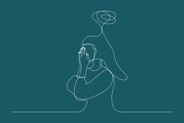 Woman suffering from depression isolated line drawing. Mental disorder concept hand-drawn illustration.	