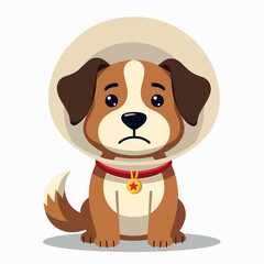 Fototapeta premium Sad Cartoon Dog Wearing a Cone of Shame with a Red Collar and Star Medallion