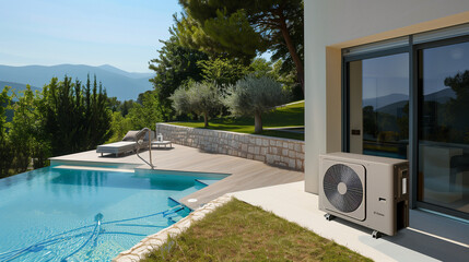 Modern air heat pump by a pool, blending efficiency with sleek outdoor design.