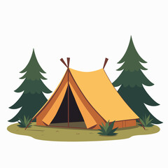 Camping Tent in Nature Illustration with Green Trees and Grass, Outdoor Adventure and Recreation