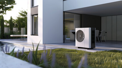 Modern air heat pump by a pool, blending efficiency with sleek outdoor design.