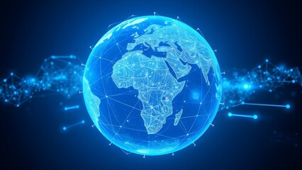 Futuristic Abstract Earth with Digital Wireframe and Data Connections in Blue