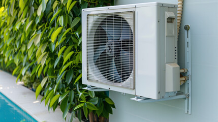 Modern air heat pump by a pool, blending efficiency with sleek outdoor design.