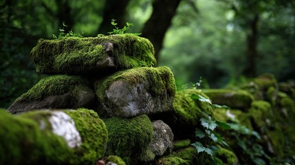 Lush Green Moss on Weathered Stone Wall