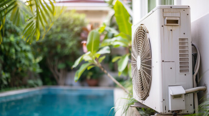 Modern air heat pump by a pool, blending efficiency with sleek outdoor design.