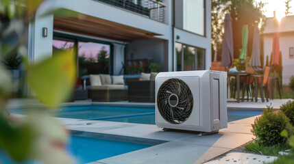 Modern air heat pump by a pool, blending efficiency with sleek outdoor design.