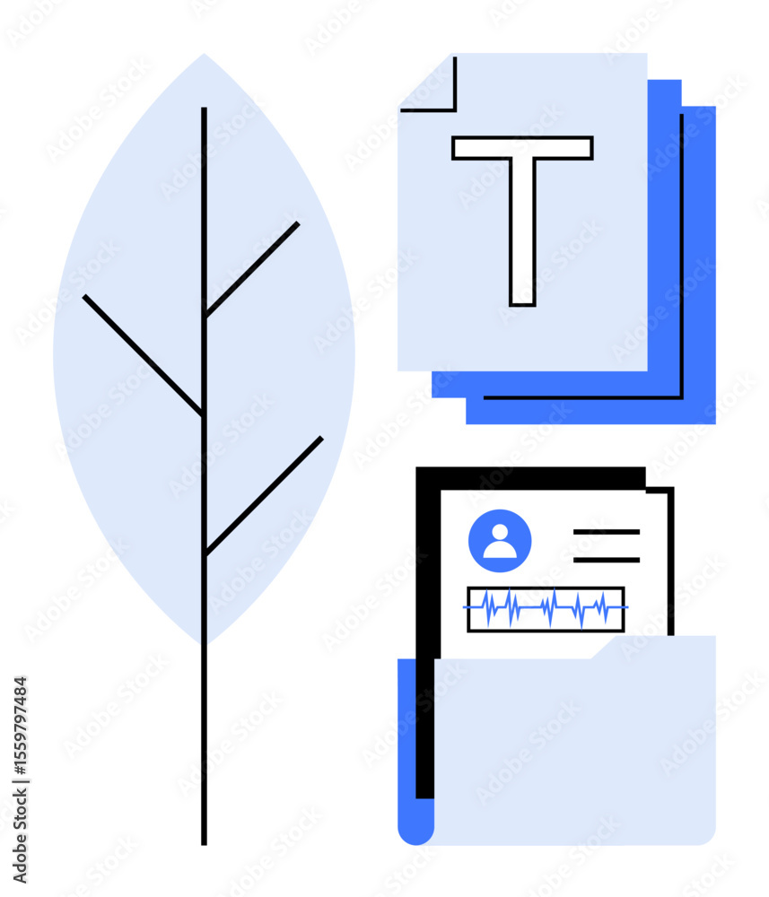 Poster minimalist leaf, stacked documents with text, folder with profile and heartbeat chart. ideal for sus