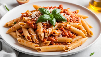 Spicy penne arrabbiata pasta on white plate
