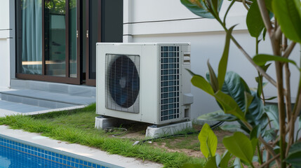 Modern air heat pump by a pool, blending efficiency with sleek outdoor design.