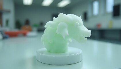 White 3d-printed Dragon Head Sculpture on Circular Base in Modern Laboratory