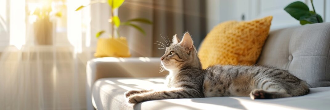 Cat lounging on a cozy sofa by the sunlight in a warm living room. Copy space