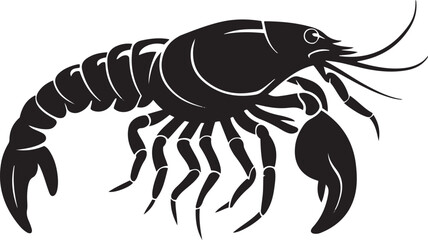 Bold black silhouette of a crayfish against a white background.
