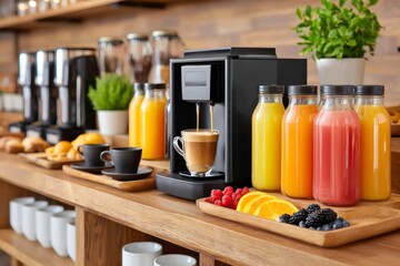Coffee machine pouring coffee into cup at hotel breakfast buffet