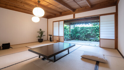 Serene Japanese Style Room Decor with Tatami Mats and a Low Wooden Coffee Table