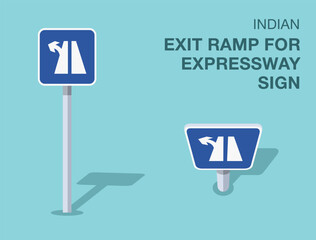 Traffic regulation rules. Isolated indian "exit ramp for expressway" road sign. Front and top view. Flat vector illustration template.