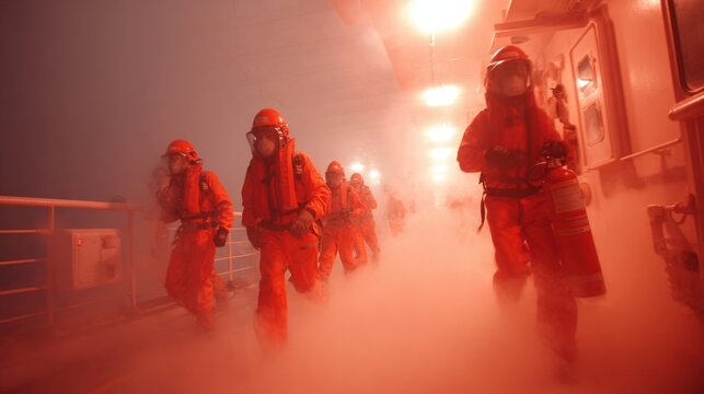 A training scenario onboard a ship featuring crew members in a simulated fire emergency demonstrating the use of fire extinguishers and emergency response tactics in a controlled environment.