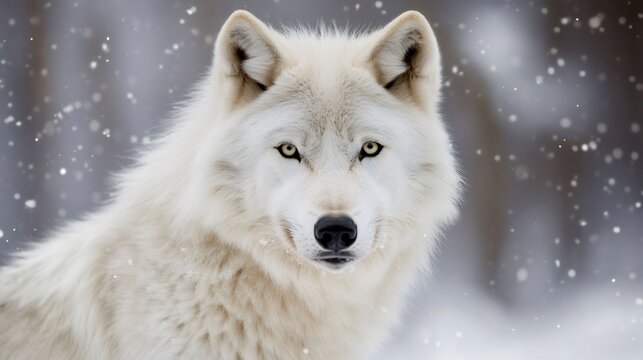 Majestic white wolf standing in falling snow - Powered by Adobe