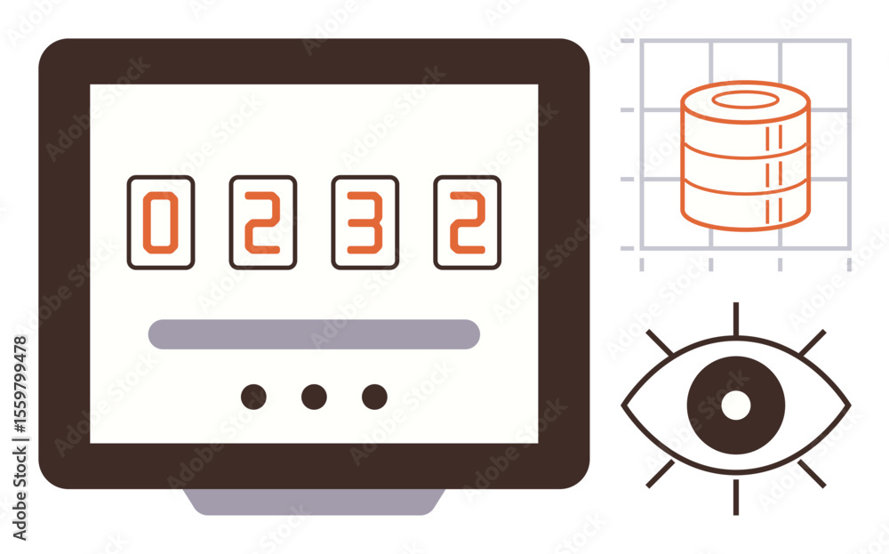 Poster counter on a monitor, database graph, analytical eye icon highlighting data tracking, analysis, and 