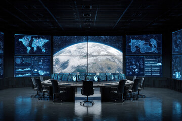 Futuristic military operations center with holographic earth and digital tactical displays