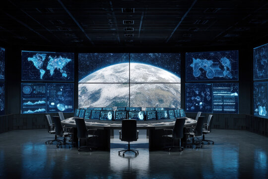 Futuristic military operations center with holographic earth and digital tactical displays