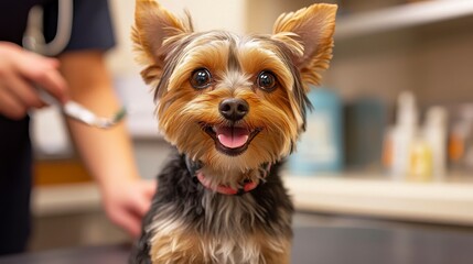 Happy Dog at Veterinary Clinic Getting Routine Checkup and Care