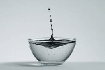 Water droplet splashing into clear glass bowl in minimal studio setting