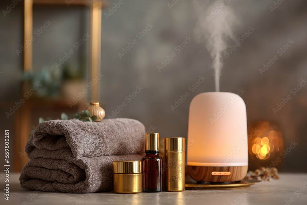 Aufkleber aromatherapy setup with essential oils, soft towels, and diffuser in serene spa setting