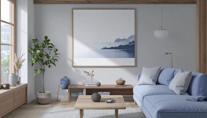 Serene Modern Living Room With Blue Sofa And Neutral Color Palette