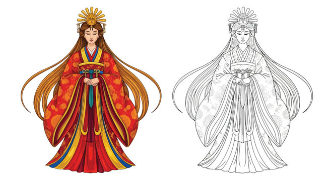 Revered Amaterasu Japanese Sun Goddess Coloring Page Full Color and Outline Figures