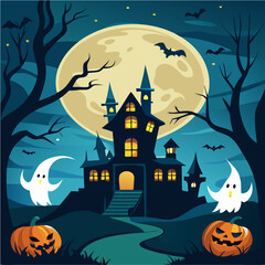 Spooky halloween night scene with haunted house pumpkins bats ghosts and glowing moon