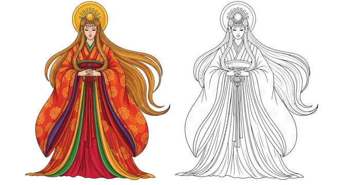Amaterasu Japanese Sun Goddess Coloring Page with Dual Rendering Colored Outline Forms