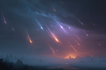 Obraz premium A night sky filled with many shooting stars over a misty landscape with a colorful glow on the horizon