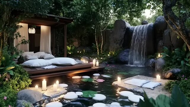 Tranquil garden gazebo with waterfall and pond