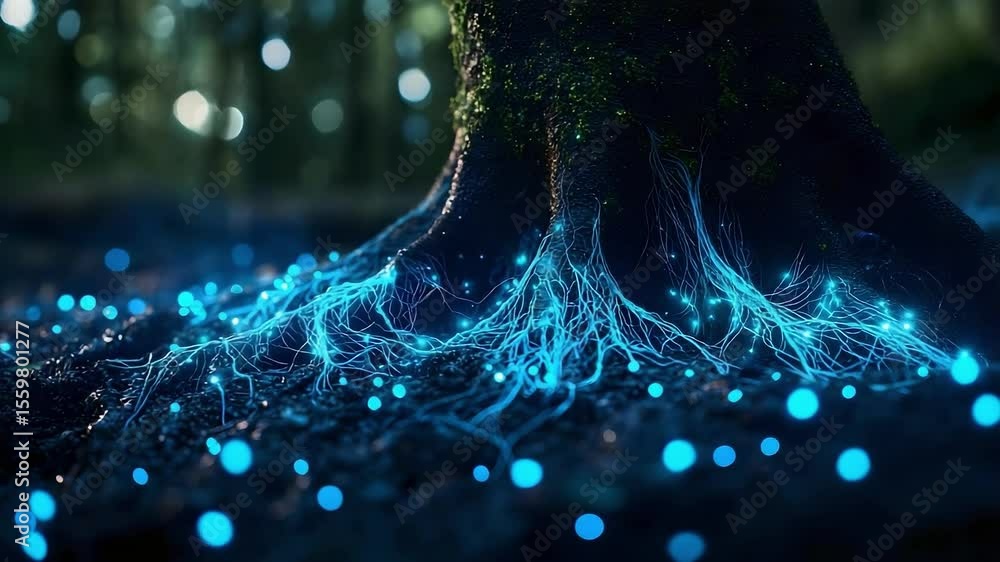 Poster a close-up view of a tree trunk with glowing blue roots and bioluminescent particles in a dark, fore