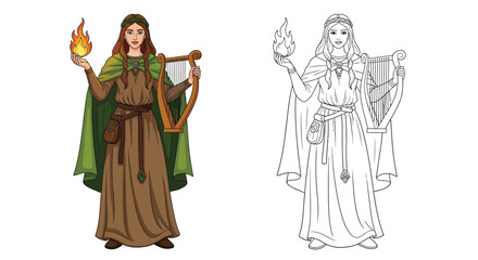 Brigid Celtic Goddess Coloring Page with Realistic and Outline Forms Mythology Study