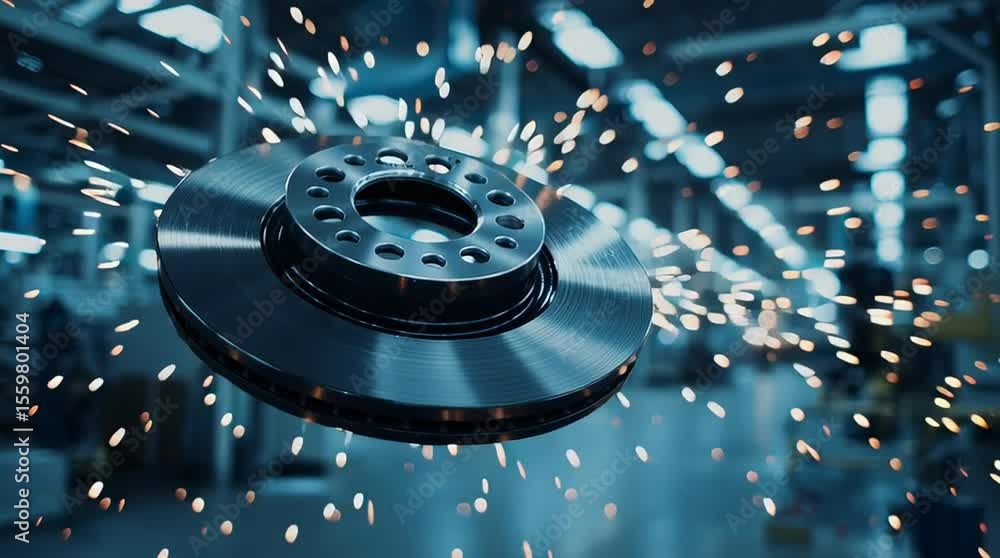 Poster Brake Disc Rotating in Factory Setting with Sparks