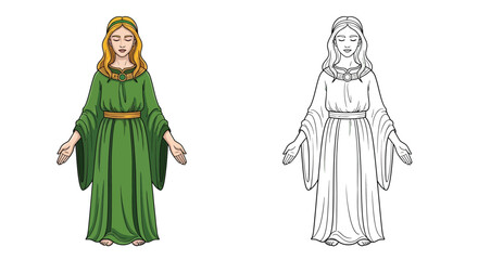 Divine Danu Irish Ancestral Goddess Coloring Page Full Color and Crisp Outline Depictions