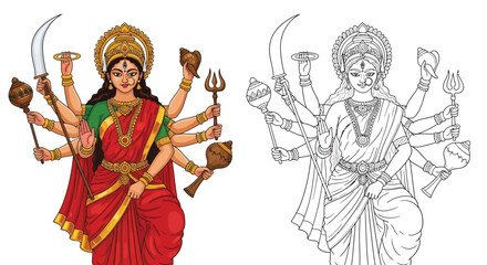 Fototapeta premium Durga Hindu Goddess Coloring Page with Colored and Outline Figures Mythology Art