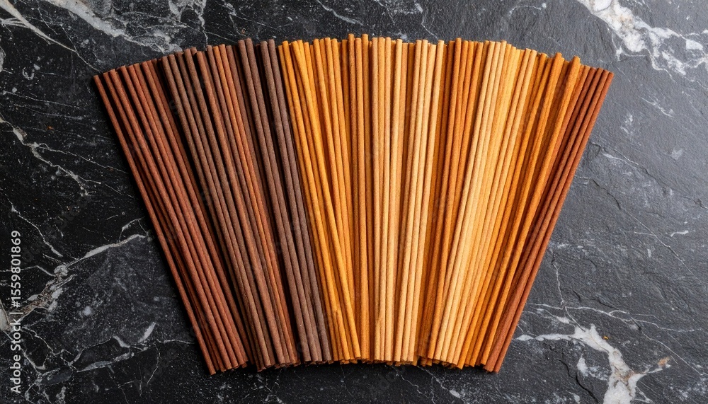 Poster elegant stack of natural bamboo sticks displayed in dynamic flat lay on granite surface