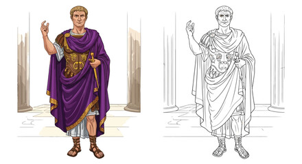 Obraz premium Emperor Augustus Caesar Coloring Page with Outline and Colored Figures Roman History