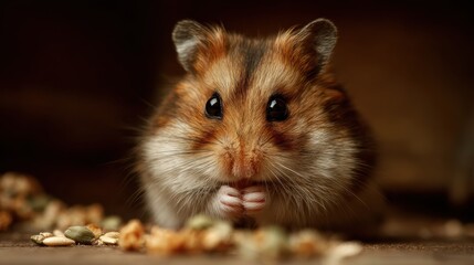 Fototapeta premium A cute hamster quietly munching on seeds, showcasing its playful nature and charming appearance in a cozy setting.