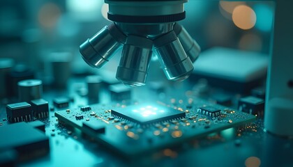 Microscope Focusing on Microchip in Laboratory Setting with Blue Lighting