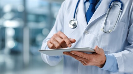 A doctor in a white coat using a tablet to consult patient data in a modern healthcare setting.