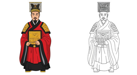 Legendary Emperor Qin Shi Huang Coloring Page Full Color and Crisp Outline Styles