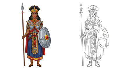 Brave Ethiopian Queen Warrior Coloring Page Full Color and Crisp Outline Illustrations