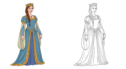 Fototapeta premium Guinevere Queen of Camelot Coloring Page with Colored and Outline Art Medieval Theme