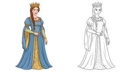 Fototapeta premium Elegant Guinevere Queen of Camelot Coloring Page Full Color and Crisp Line Art