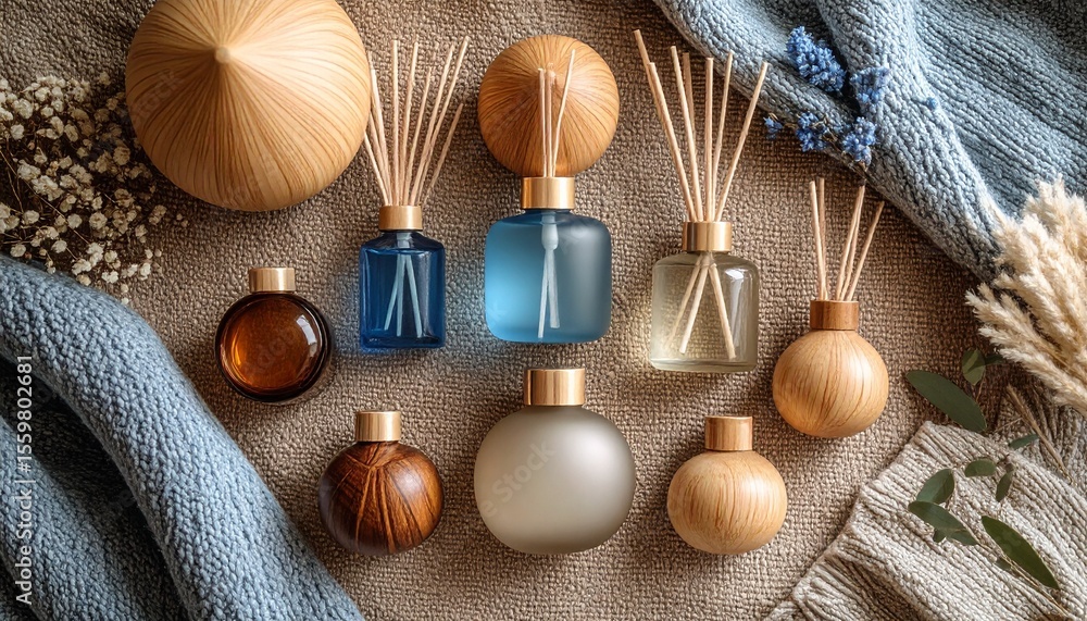 Poster dynamic flat lay of collection of diffusers on canvas background with cool hues and brightness
